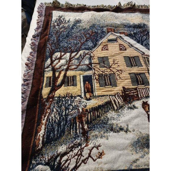 Crown Crafts Winter Scene Sleigh Ride Farm House Throw Blanket Tapestry Vintage - Picture 8 of 14